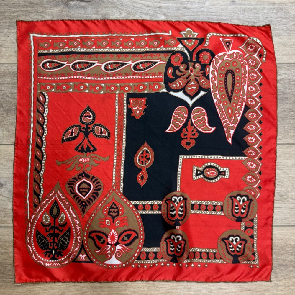 Vintage Red Black Paisley Silk Scarf Hand Rolled Made in Japan Square
